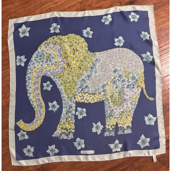 Auth. Vintage Salvatore Ferragamo 100% Silk Floral Elephant Scarf Large 88CM - Picture 2 of 7